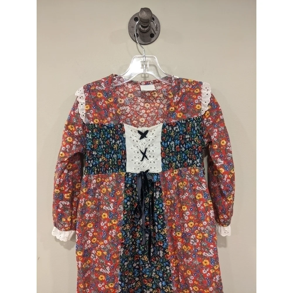 Vintage Union Tag 70's Prairie Patchwork Floral Tie Back Dress Size 6